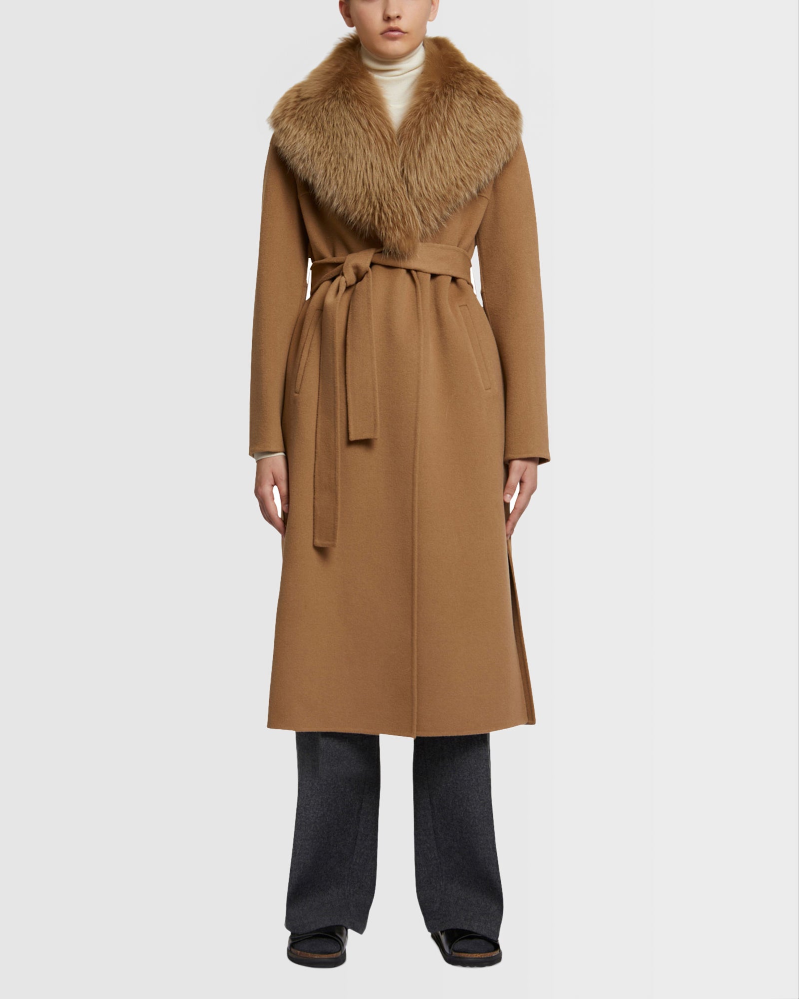 Long cashmere coat with fox fur collar camel Yves Salomon