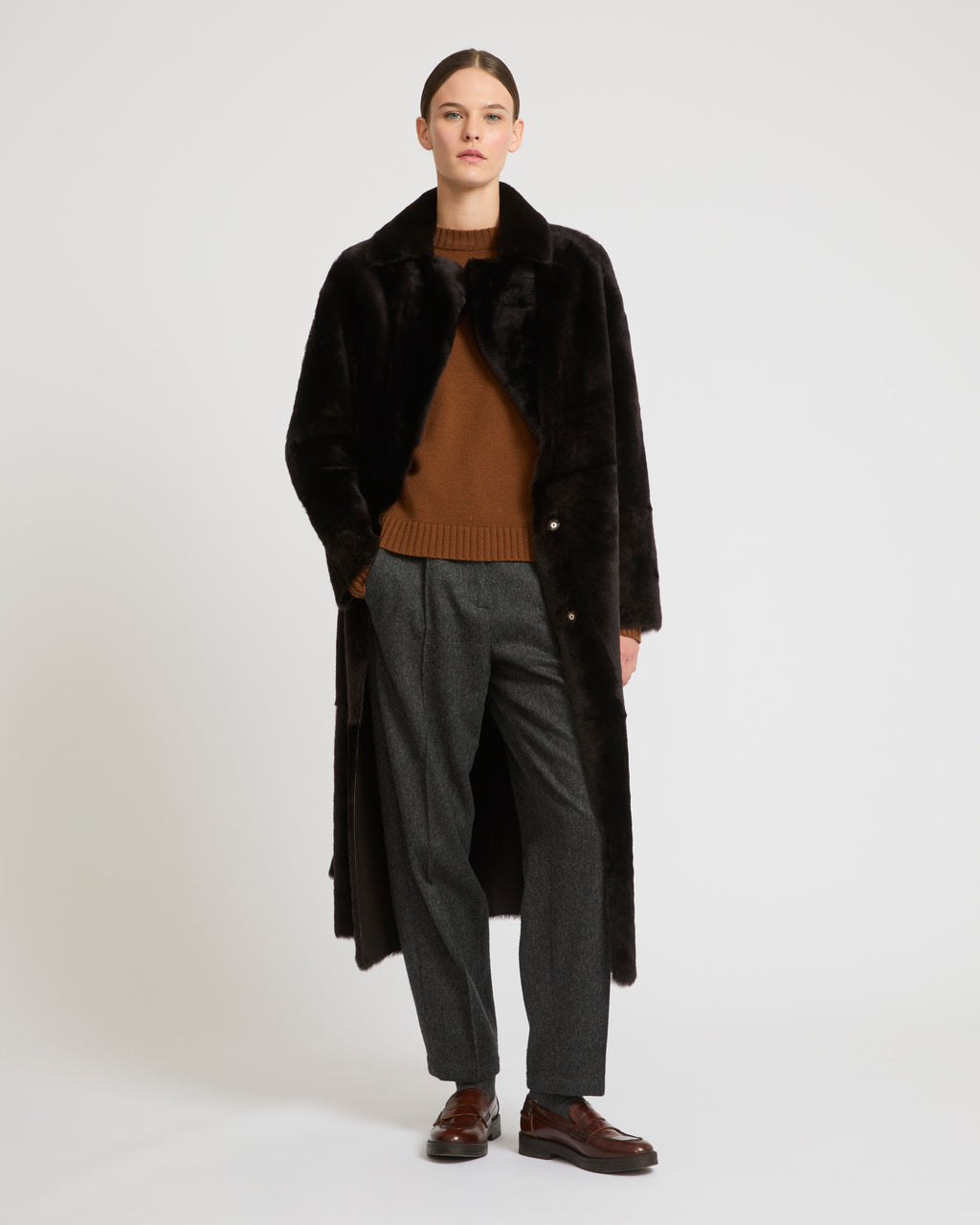 Long reversible belted shearling coat – Yves Salomon US