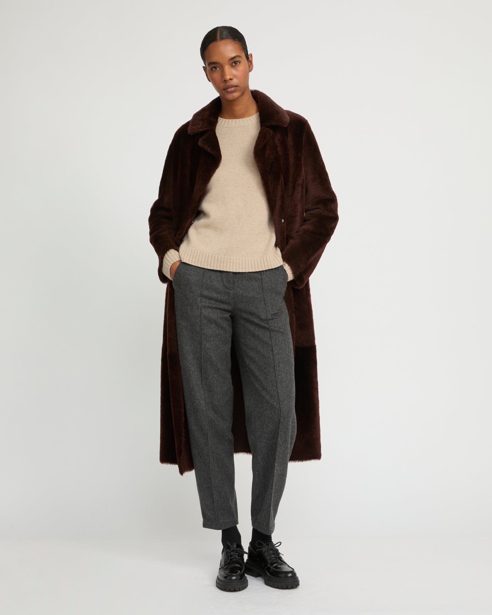 Long reversible belted shearling coat - Yves Salomon