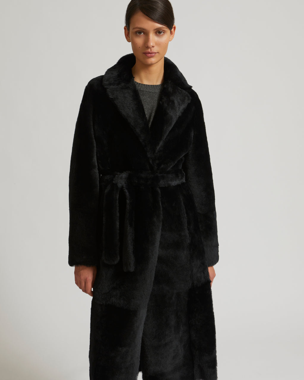 Long Reversible Belted Shearling Coat Bluish Black Yves Salomon Yves Salomon Us 9758