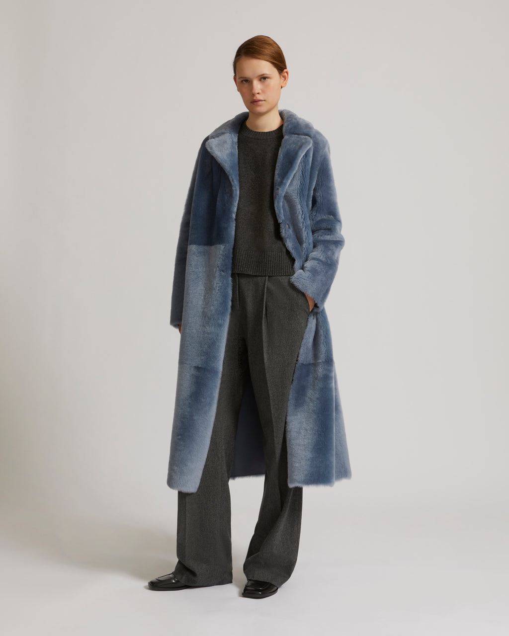 Long reversible belted shearling coat - blue - Yves Salomon – Yves