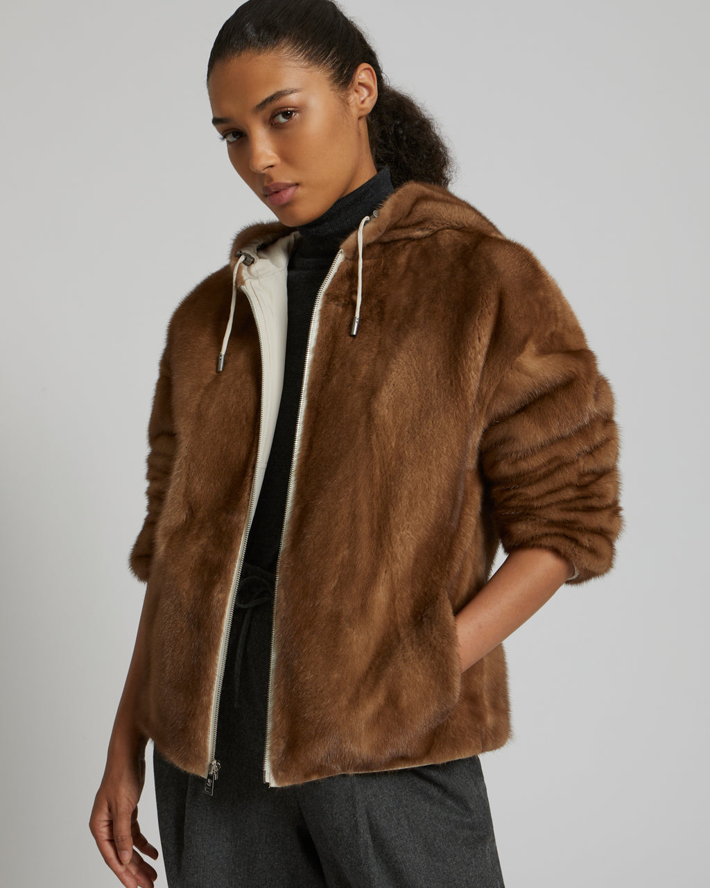 Short jacket in reversible technical fabric and mink fur