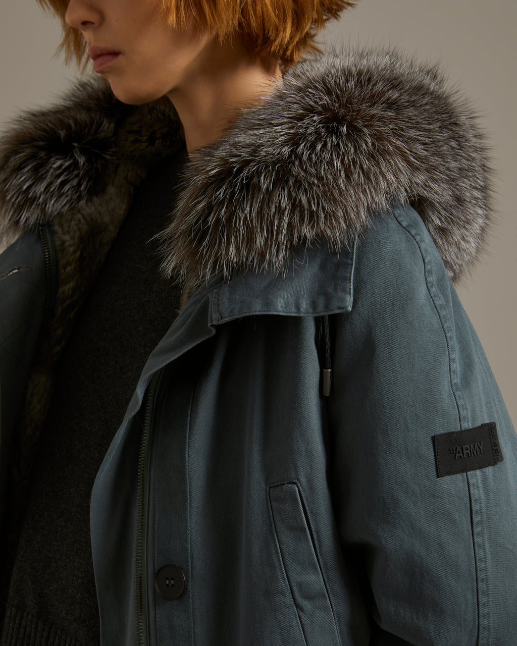 Long cotton gabardine parka with fox and rabbit fur - blue grey