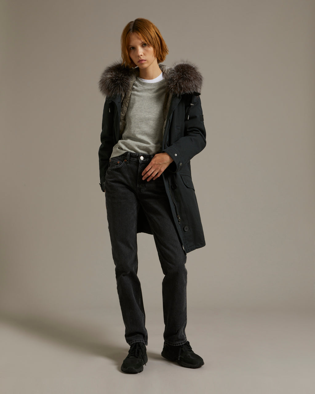 Long cotton gabardine parka with fox and rabbit fur