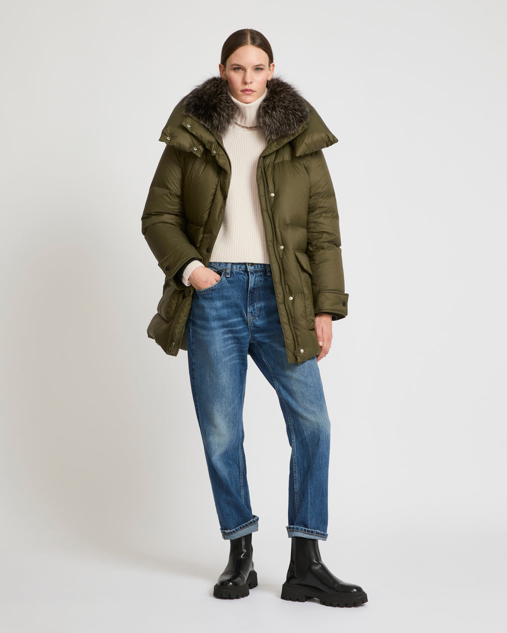 Khaki green puffer jacket best sale