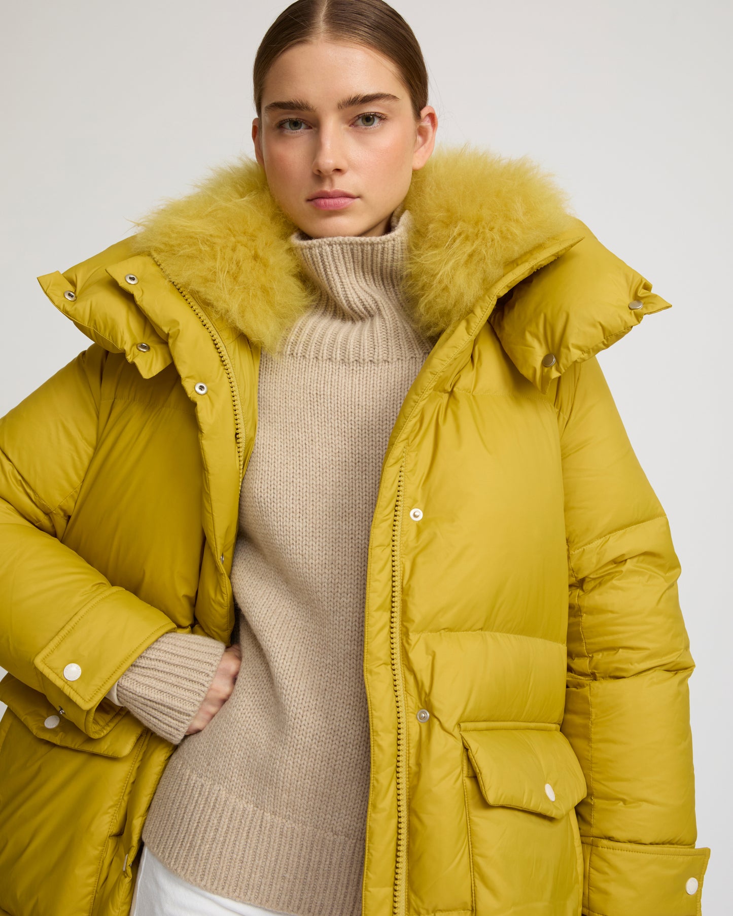 3/4 hooded down jacket in Tibetan lambswool - Yves Salomon