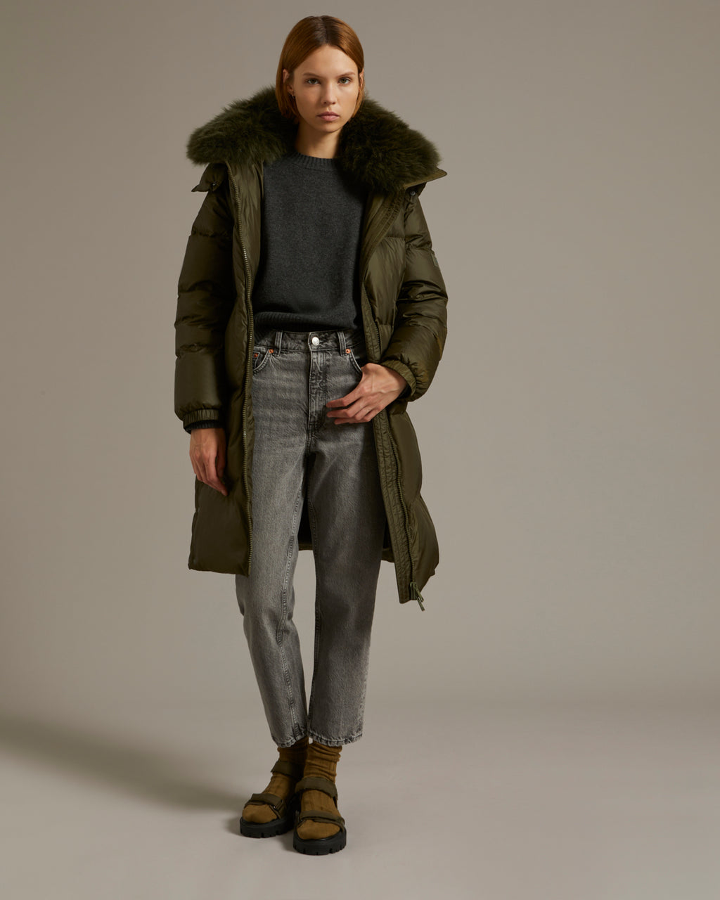 Long down jacket in water-repellent technical fabric with collar trim in  fluffy lambswool