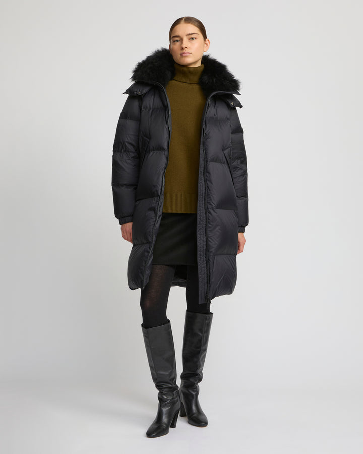 7/8 Long down jacket in water-repellent technical fabric with collar trim in fluffy lambswool - Yves Salomon