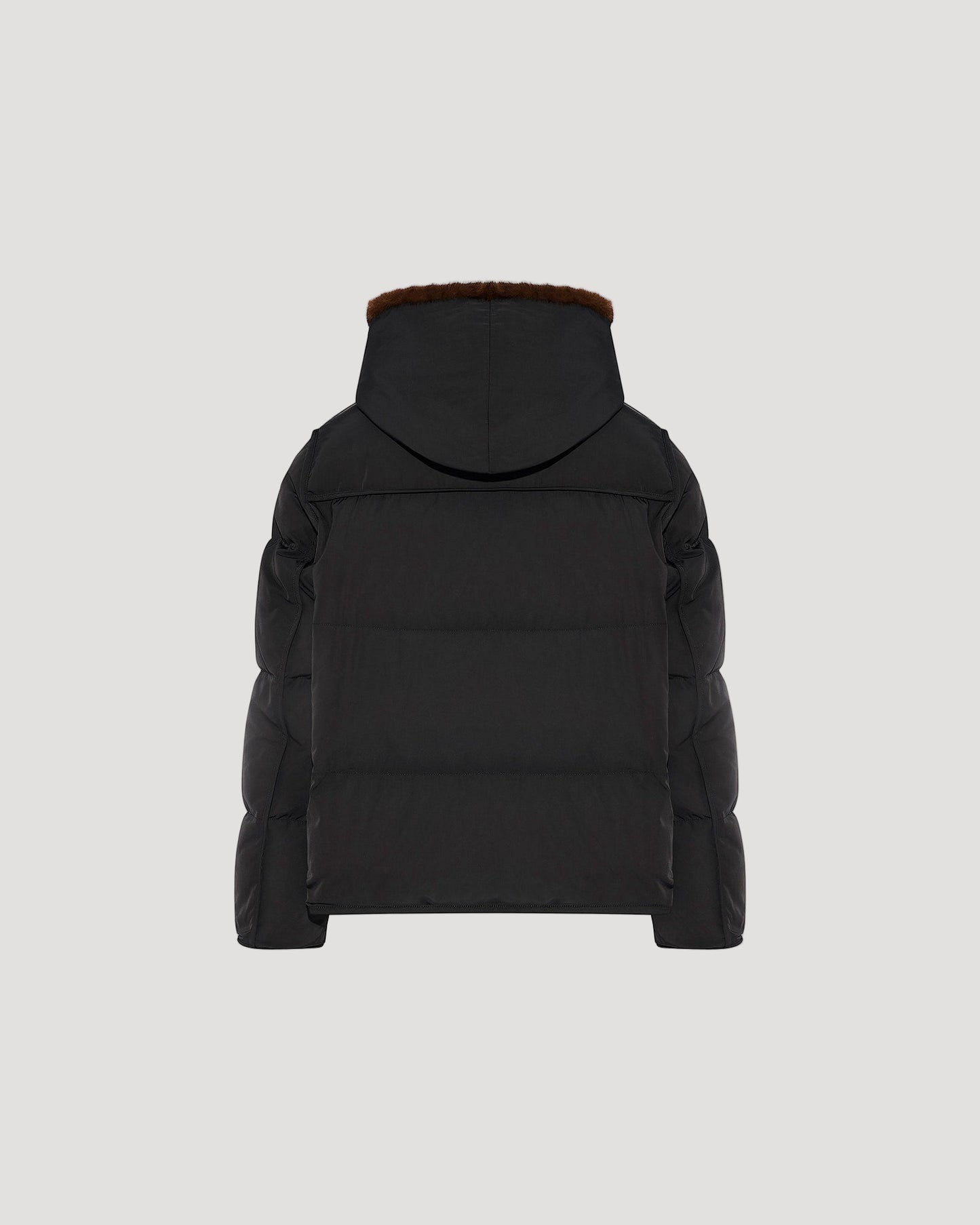 Iconic "A" line down jacke with mink fur hooded bib