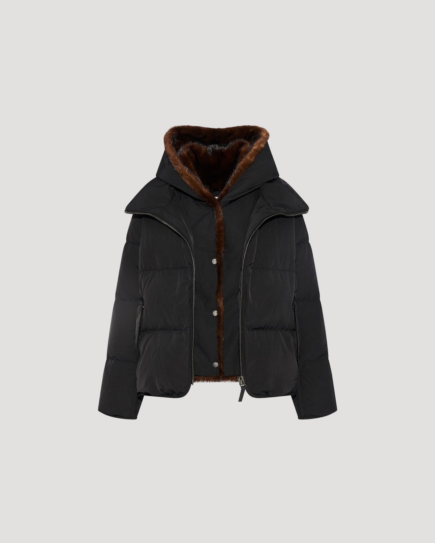 Iconic "A" line down jacke with mink fur hooded bib