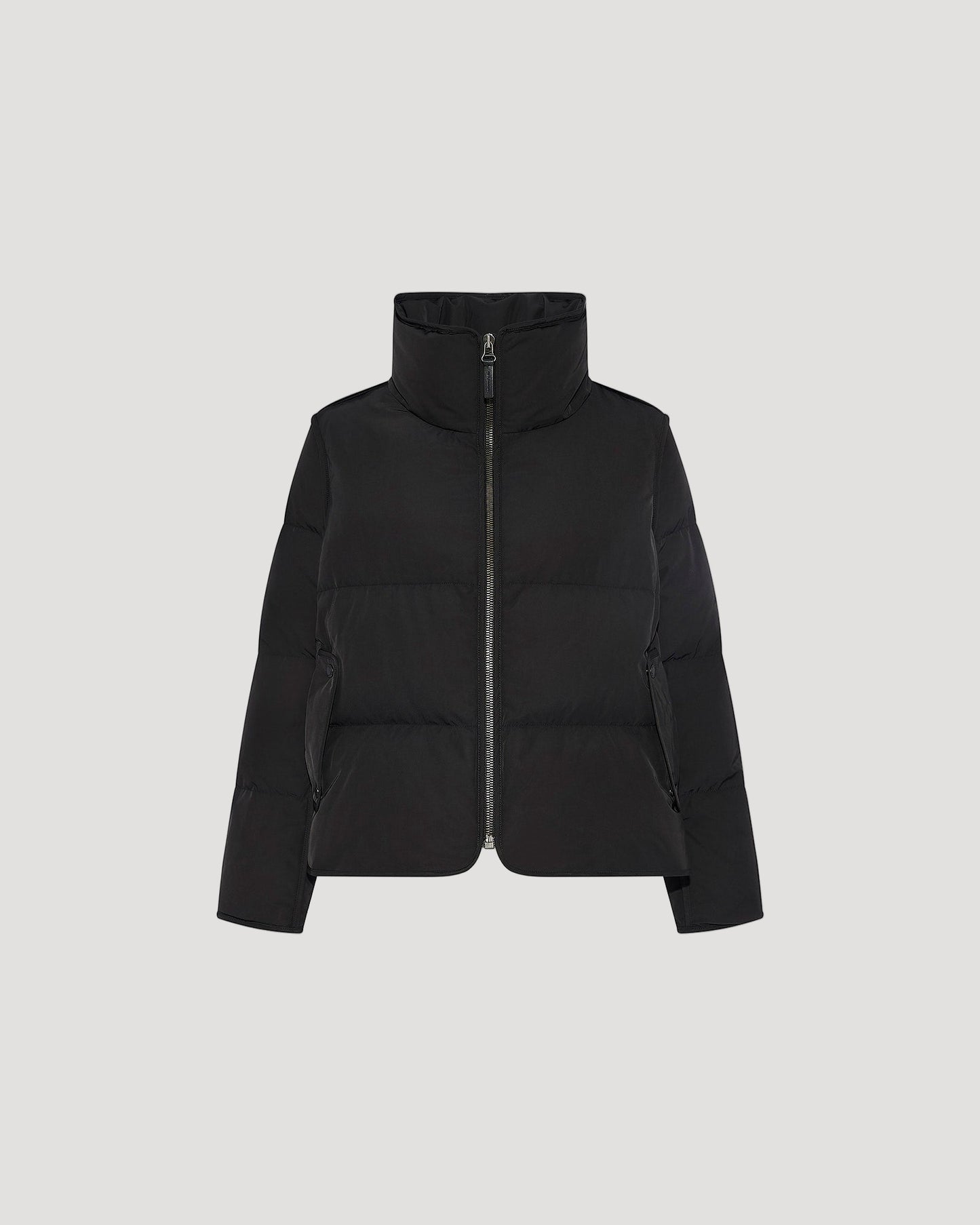 Iconic "A" line down jacke with mink fur hooded bib