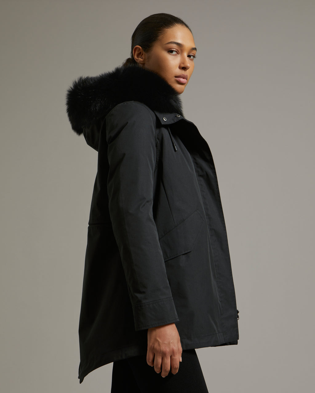 Short parka in waterproof cotton blend with fox and rabbit fur