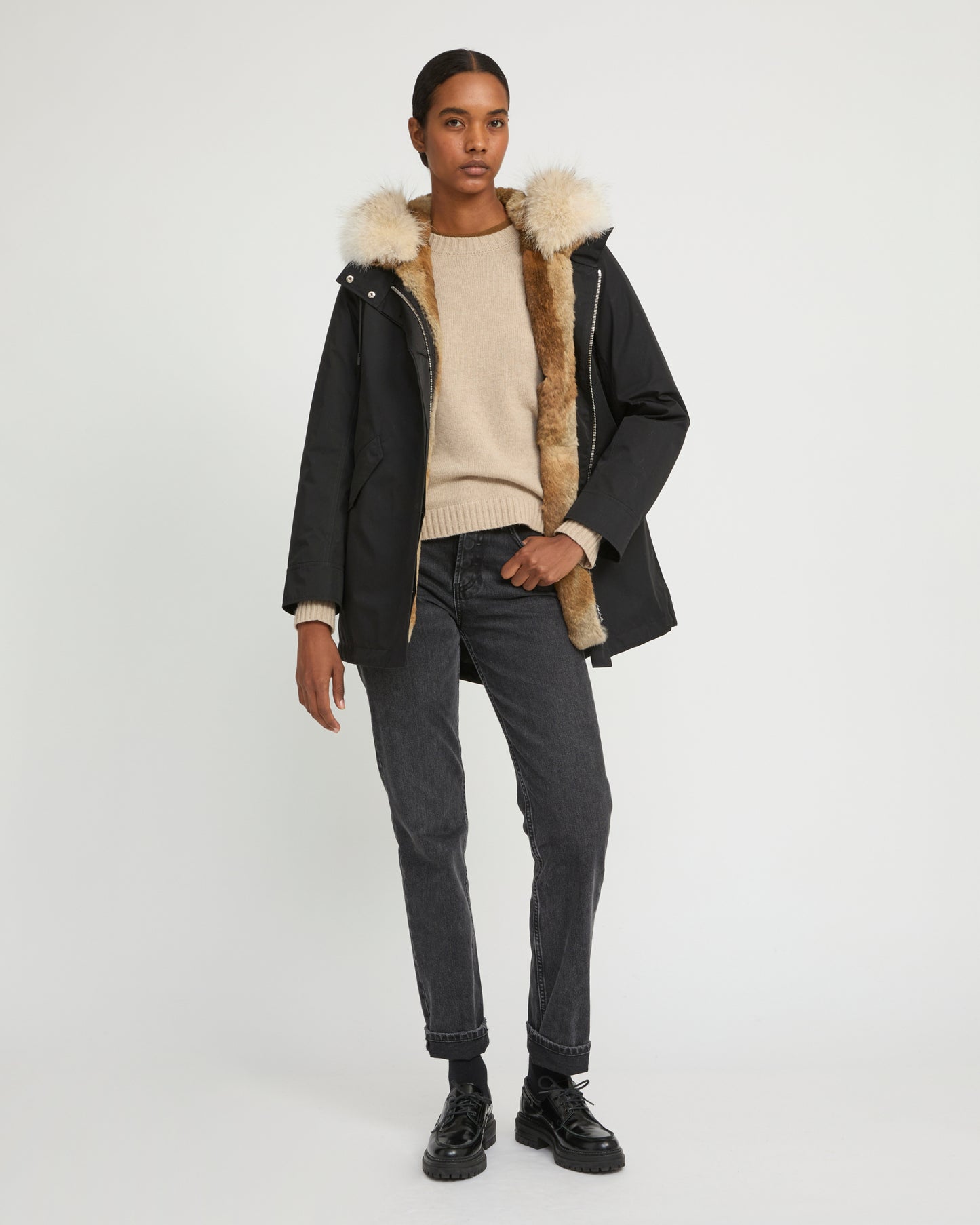 Short parka in technical fabric, rabbit and coyote fur - Yves Salomon