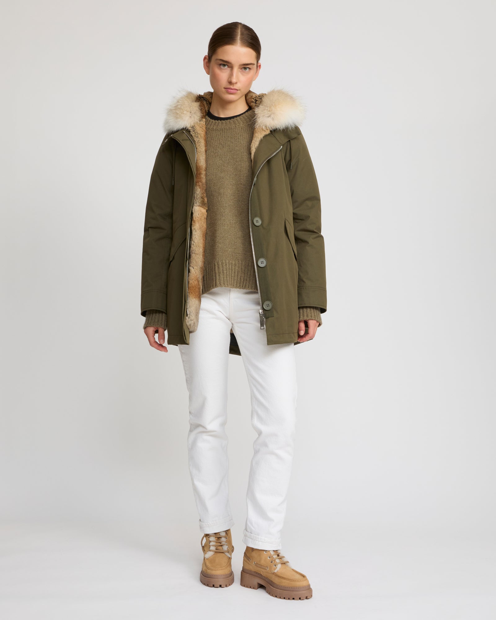 Short parka in technical fabric, rabbit and coyote fur - dark