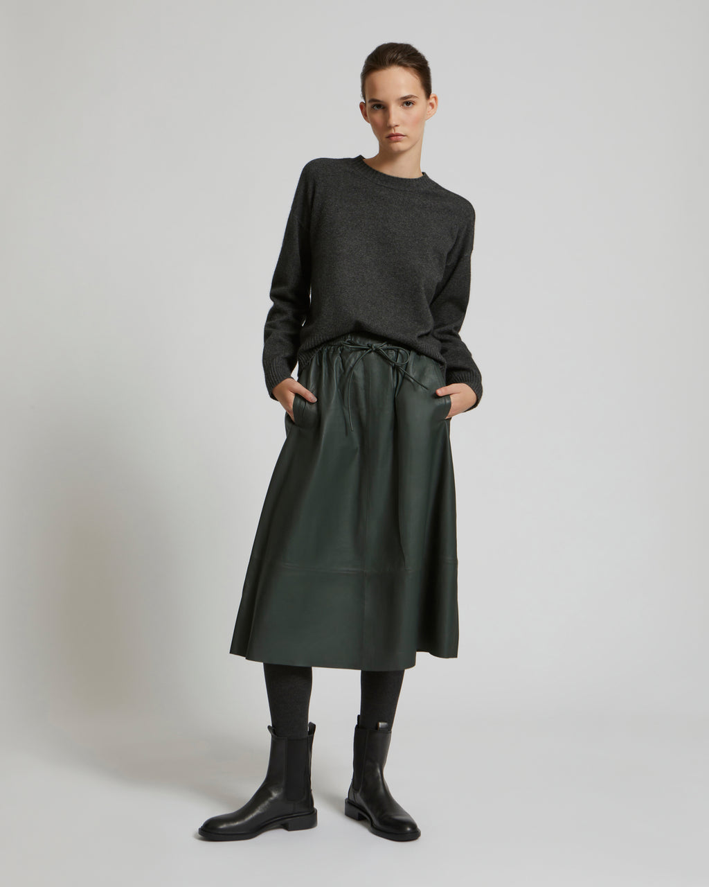Flared skirt in Yves Salomon Salomon – - US leather - khaki lamb Yves