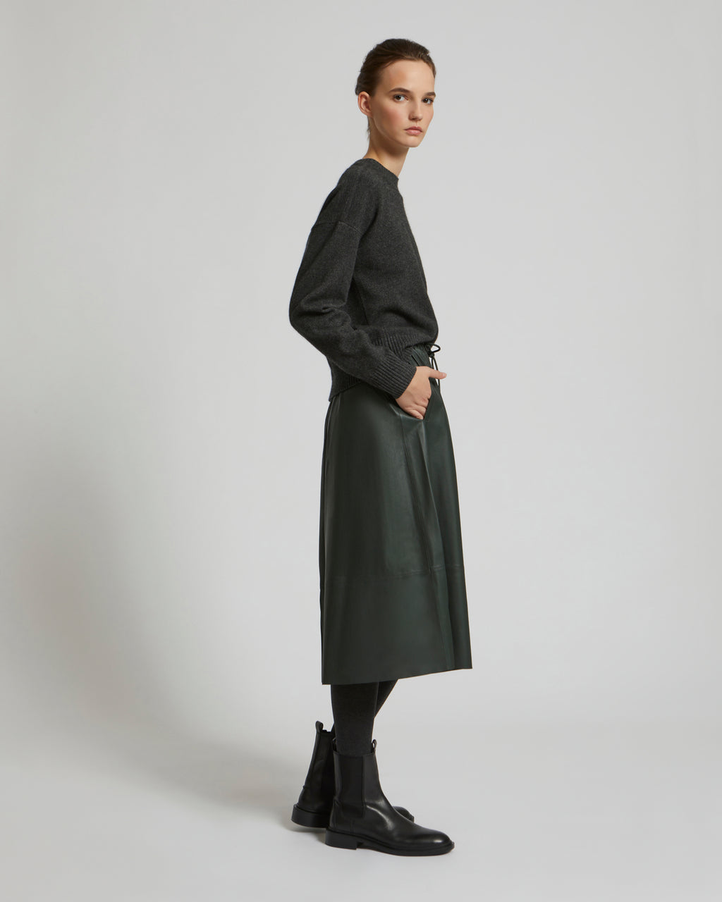 Salomon khaki Yves lamb leather - Yves Salomon – Flared skirt - US in