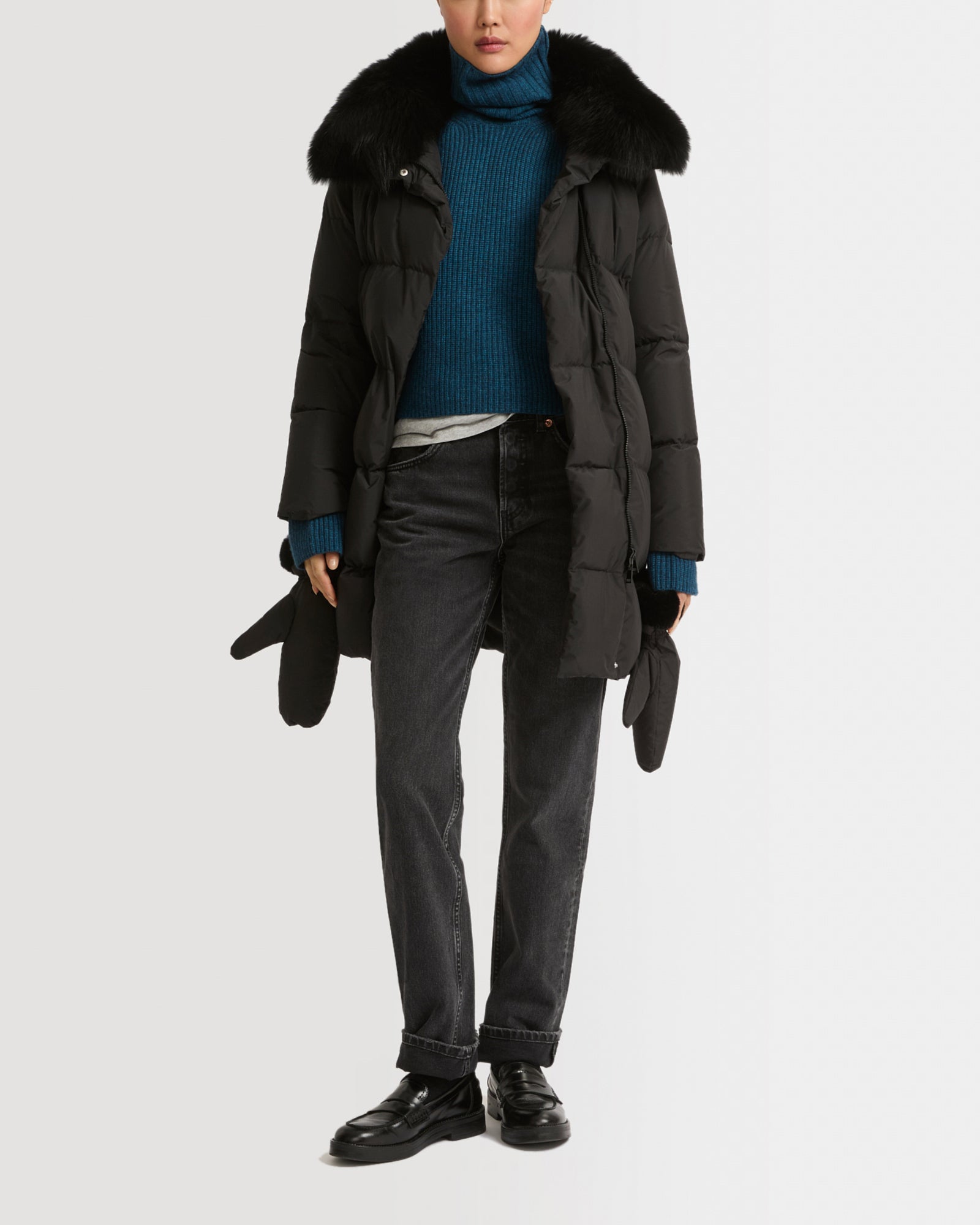 Belted down jacket in waterproof technical fabric with fox and