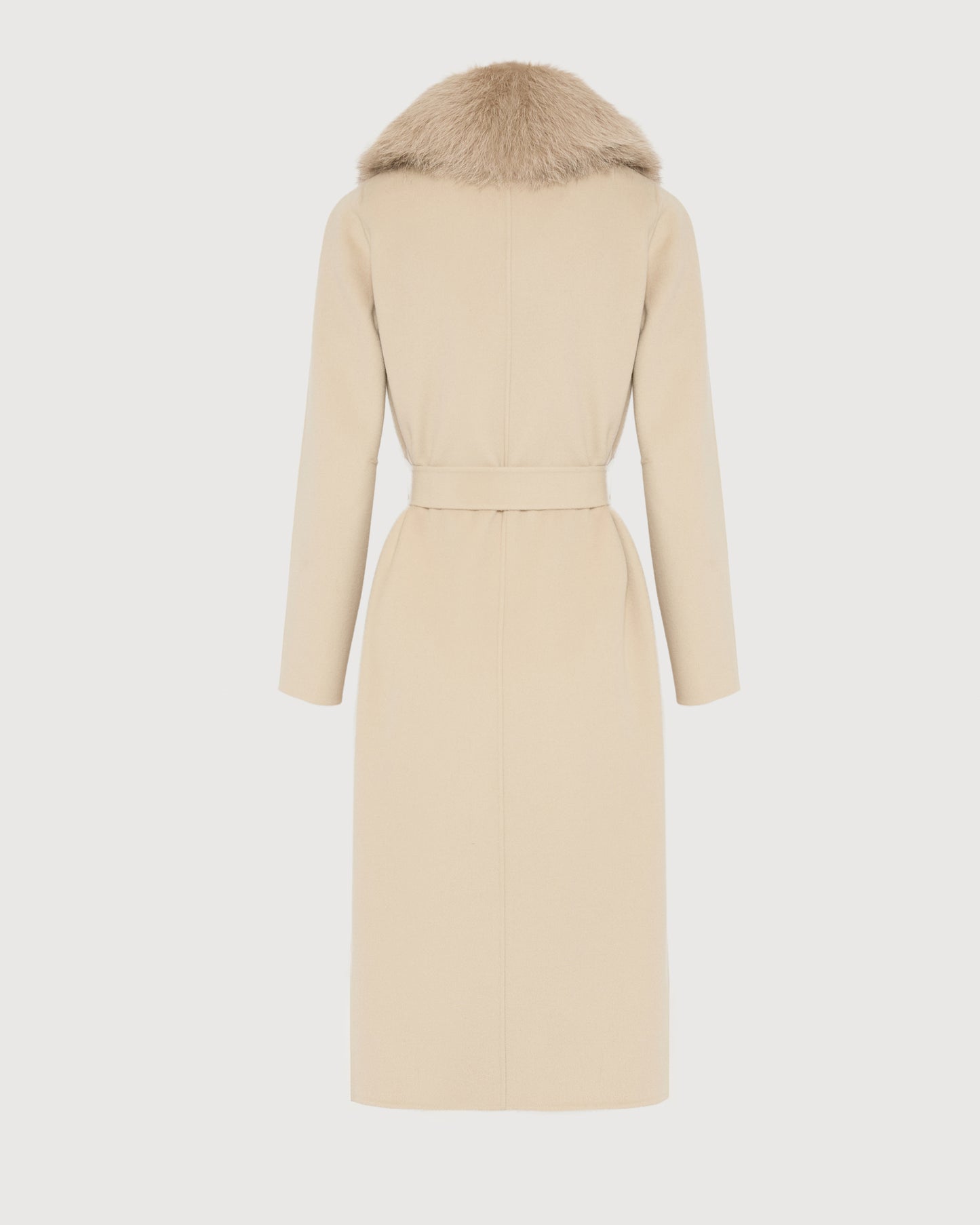 Belted coat in cashmere wool with fox fur collar and lapel - Yves Salomon