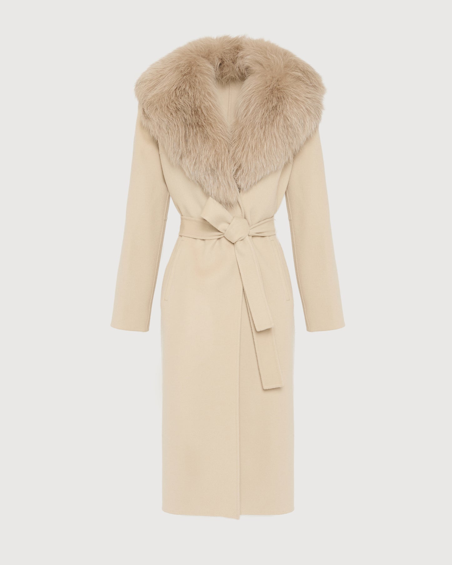 Belted coat in cashmere wool with fox fur collar and lapel - Yves Salomon