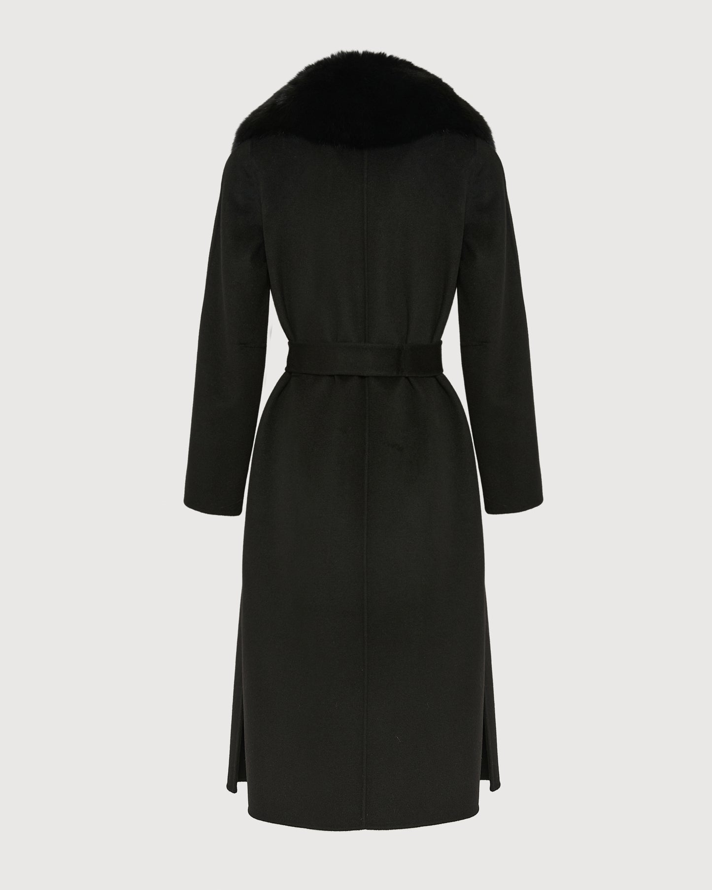 Belted coat in cashmere wool with fox fur collar and lapel - Yves Salomon
