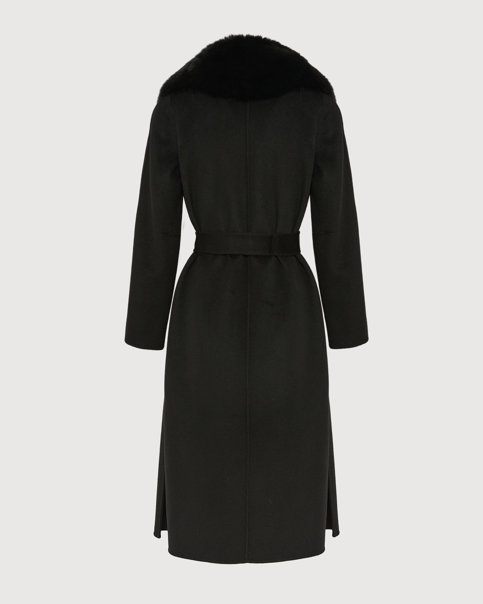 Belted coat in cashmere wool with fox fur collar and lapel - Yves Salomon