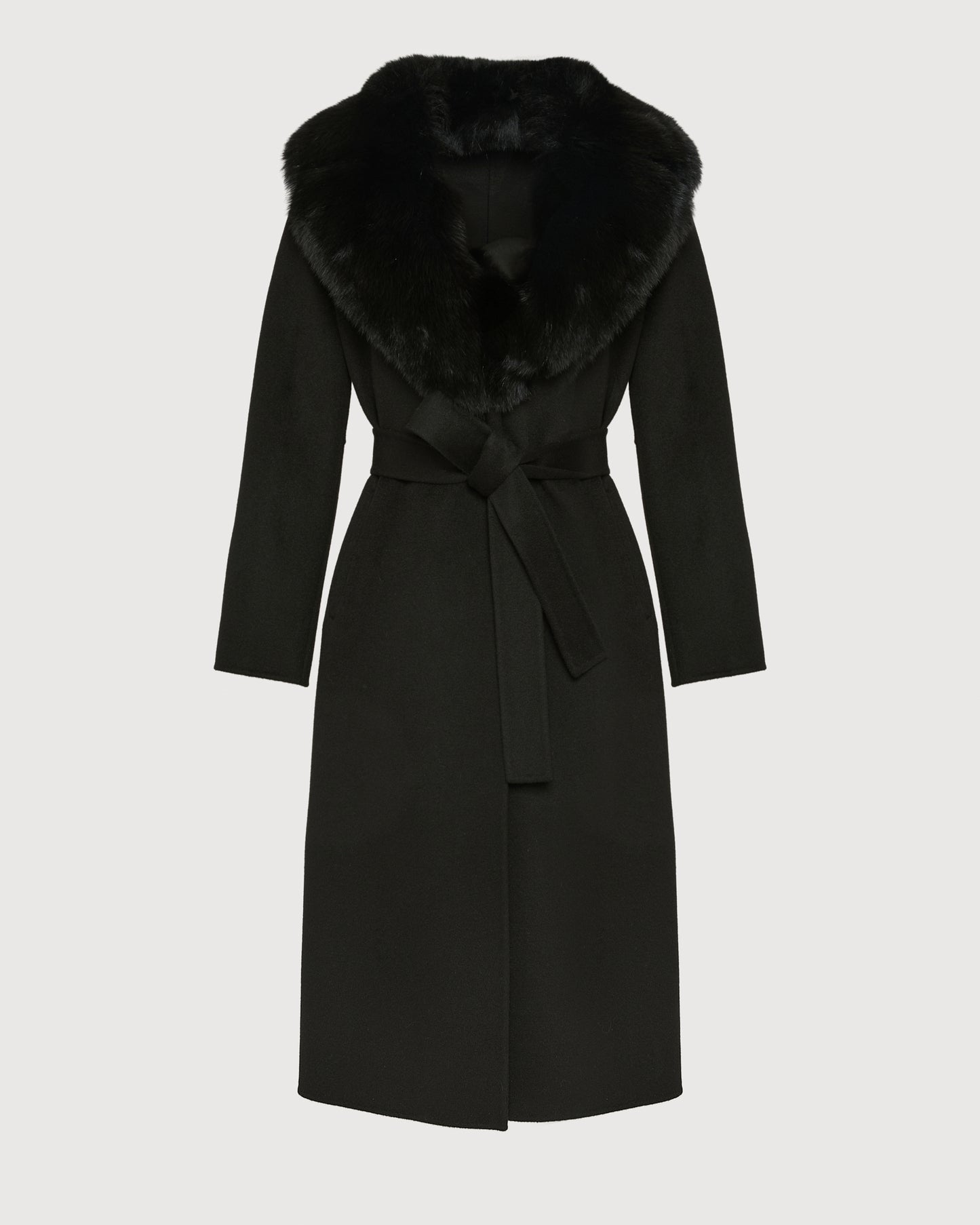 Belted coat in cashmere wool with fox fur collar and lapel - Yves Salomon