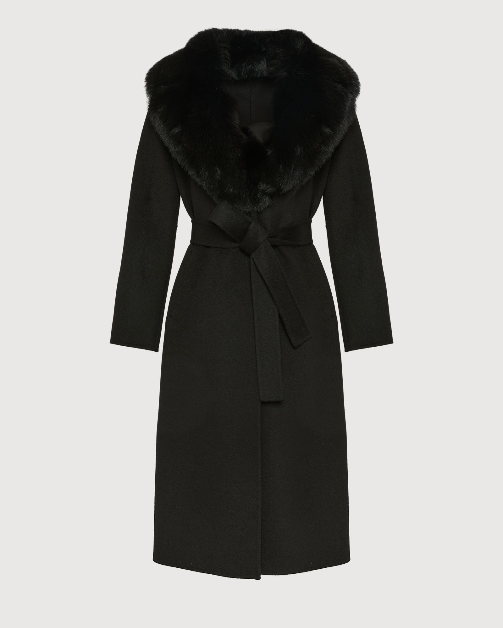 Belted coat in cashmere wool with fox fur collar and lapel - Yves Salomon