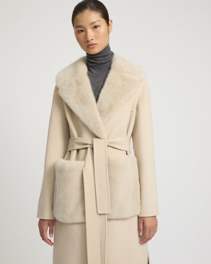 Belted coat in cashmere wool with mink fur collar and over-pockets -Yves Salomon