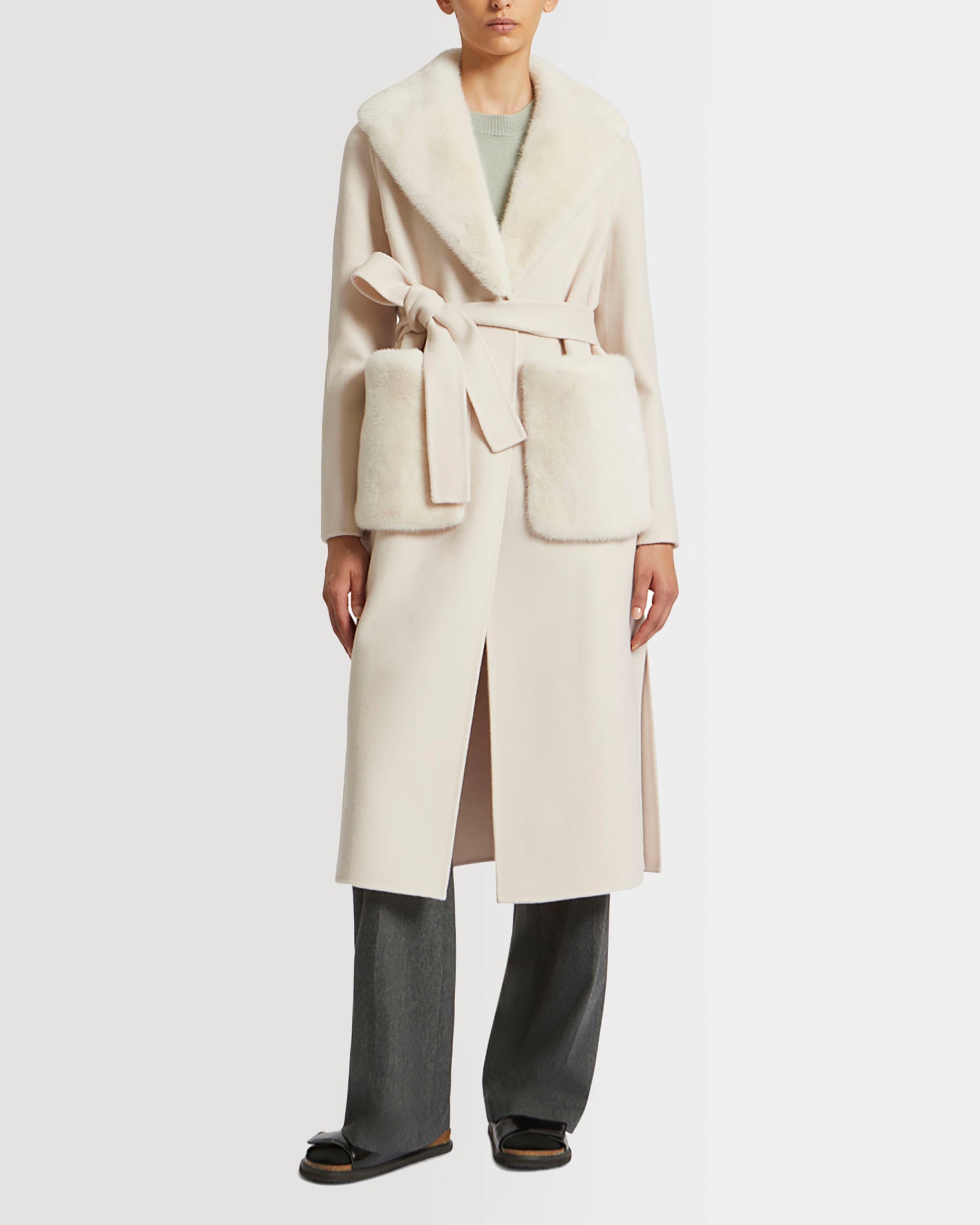 Belted coat in cashmere wool with mink fur collar and over-pockets -Yves Salomon
