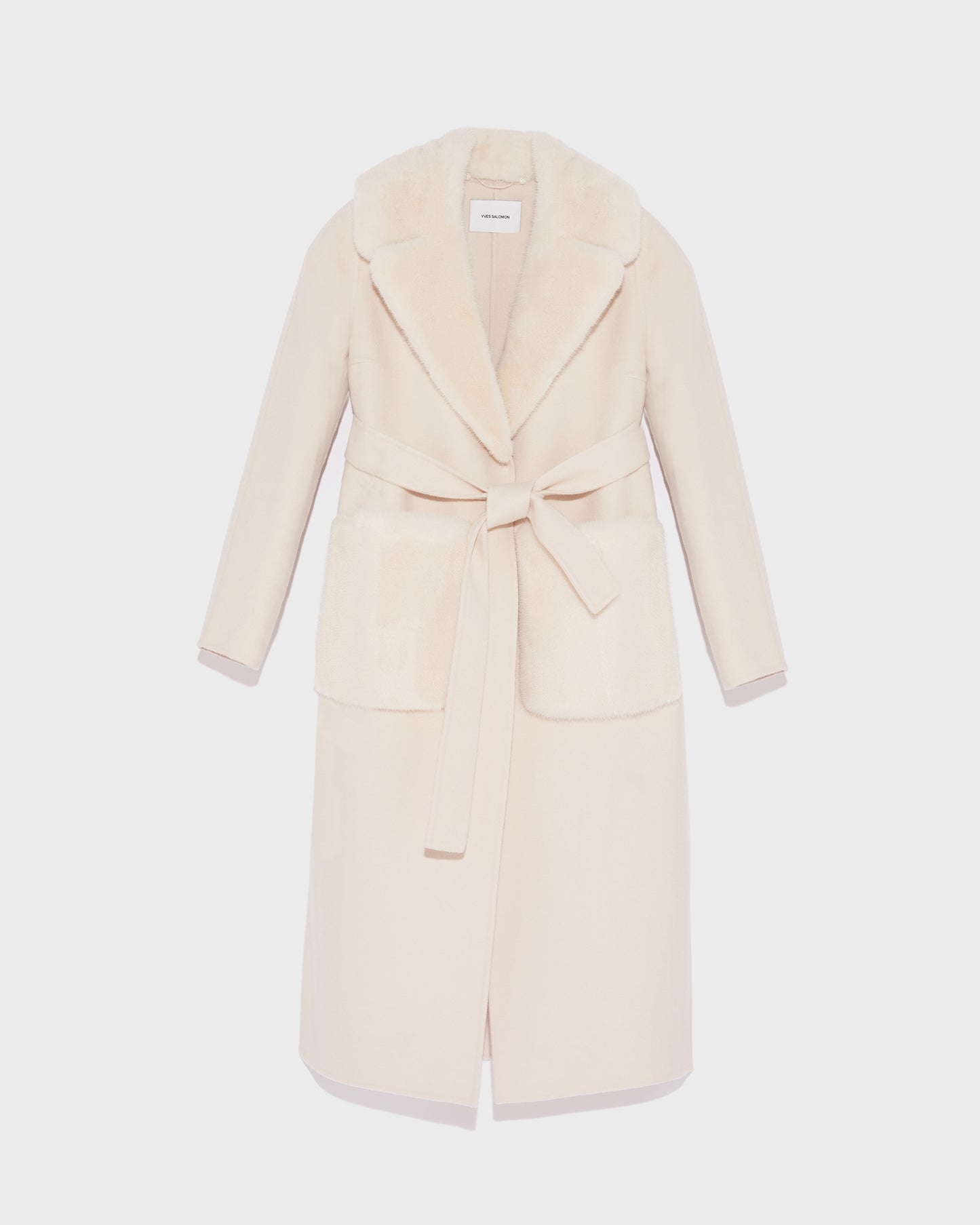 Belted coat in cashmere wool with mink fur collar and over-pockets -Yves Salomon