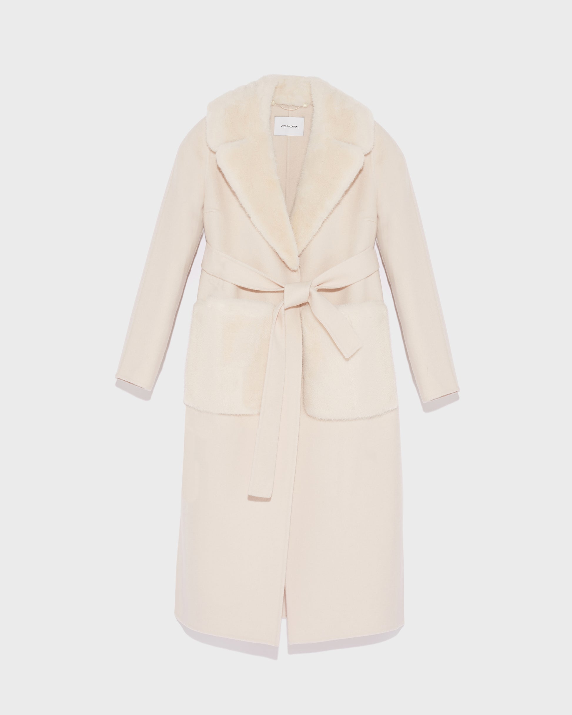 Belted coat in cashmere wool with mink fur collar and over-pockets -Yves Salomon