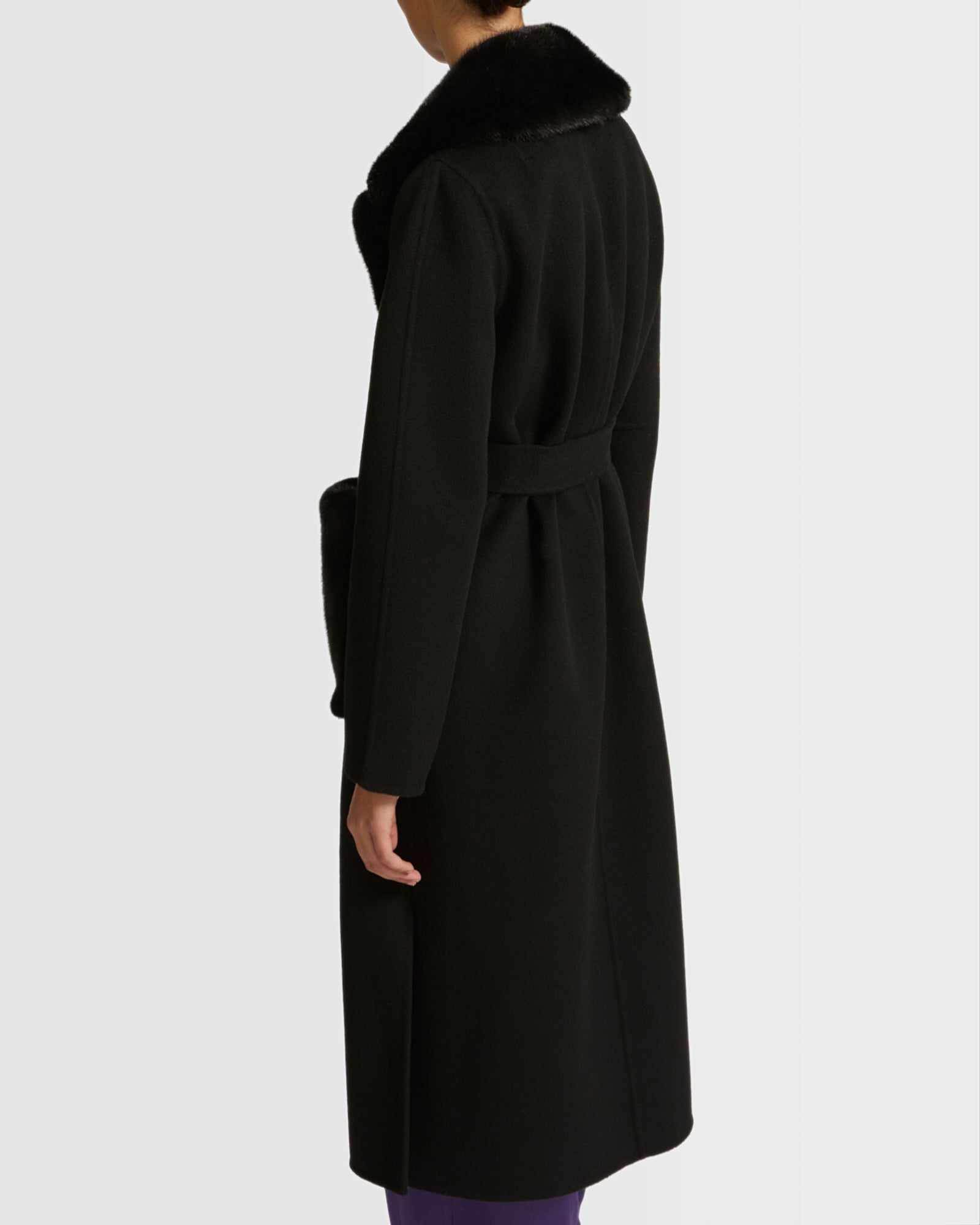 Belted coat in cashmere wool with mink fur collar and over-pockets -Yves Salomon
