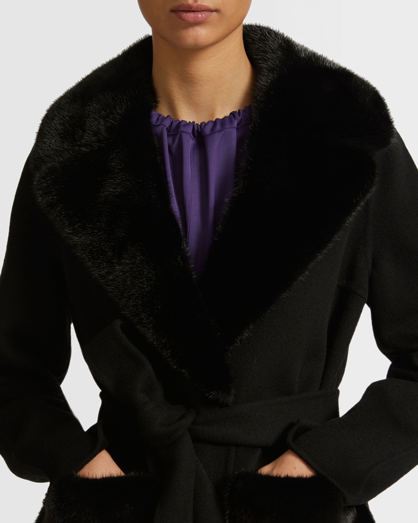 Belted coat in cashmere wool with mink fur collar and over-pockets -Yves Salomon