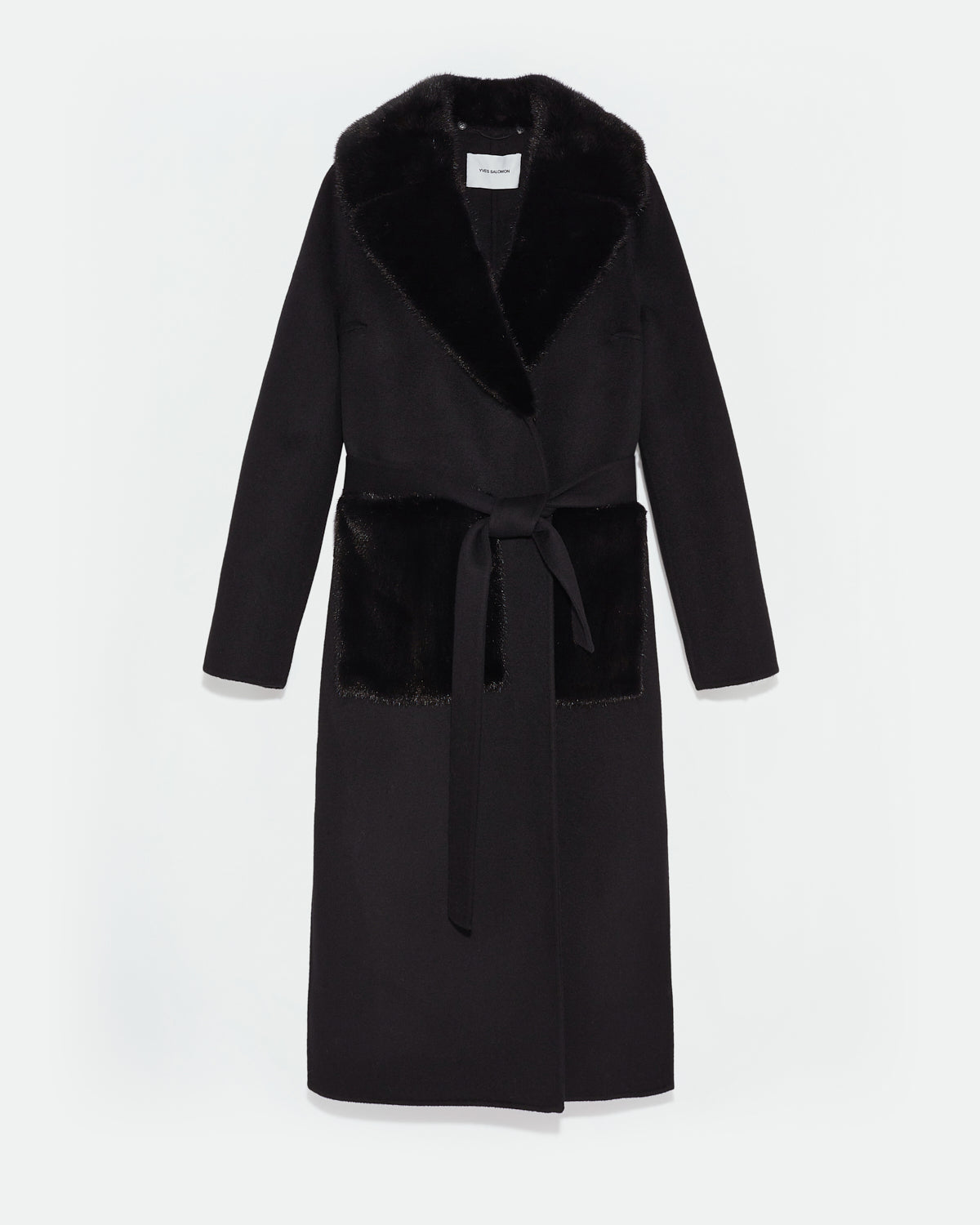 Belted coat in cashmere wool with mink fur collar and over-pockets -Yves Salomon