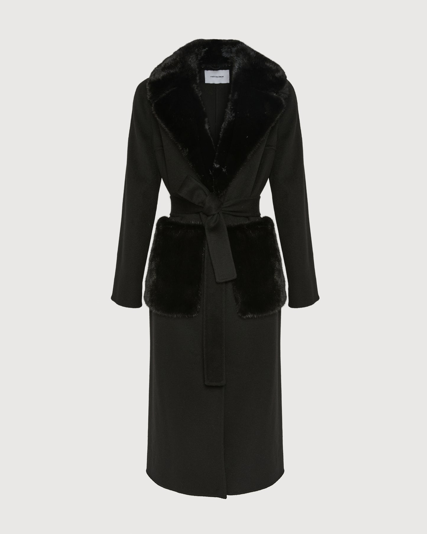 Belted coat in cashmere wool with mink fur collar and over-pockets - Yves Salomon