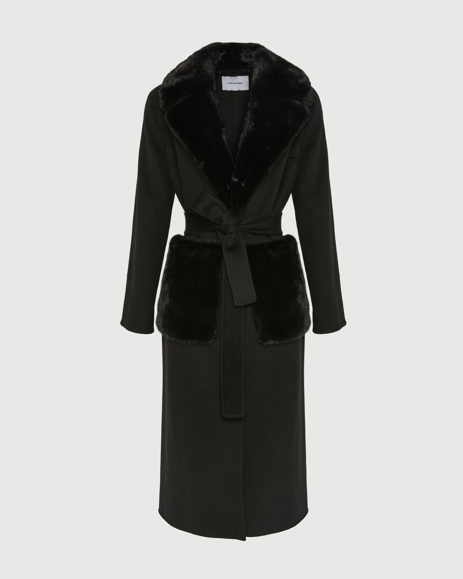 Belted coat in cashmere wool with mink fur collar and over-pockets - Yves Salomon