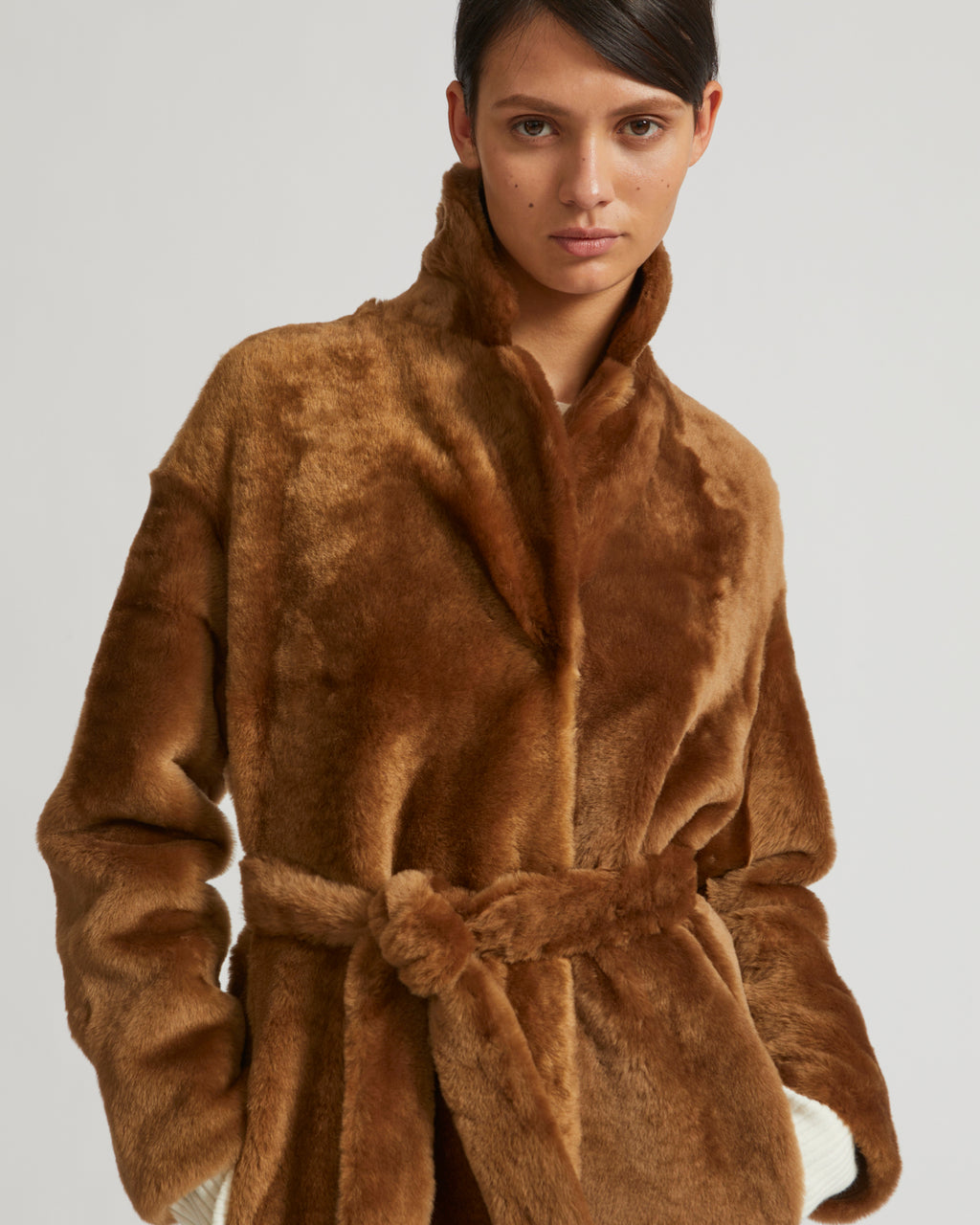 Belted shearling coat