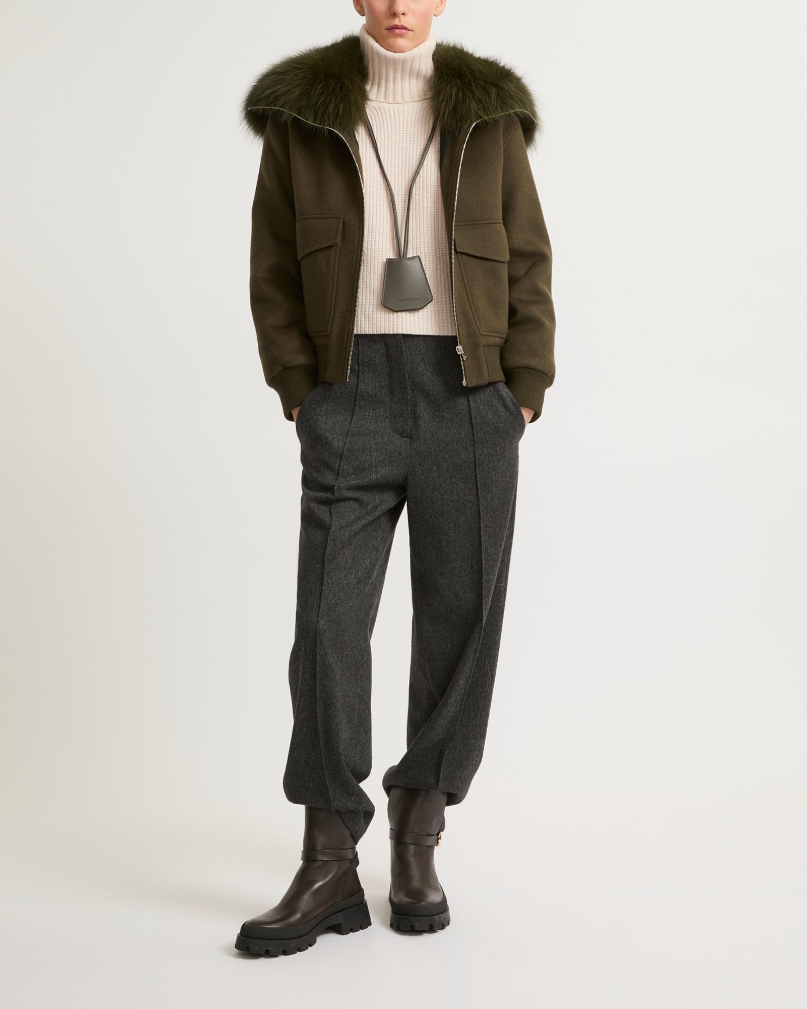 Cropped jacket in cashmere wool with fox fur collar - khaki - Yves