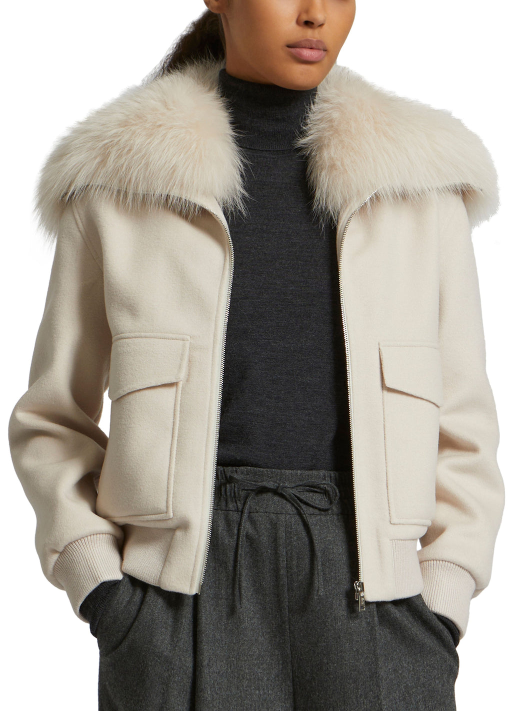 Cropped jacket in cashmere wool with fox fur collar