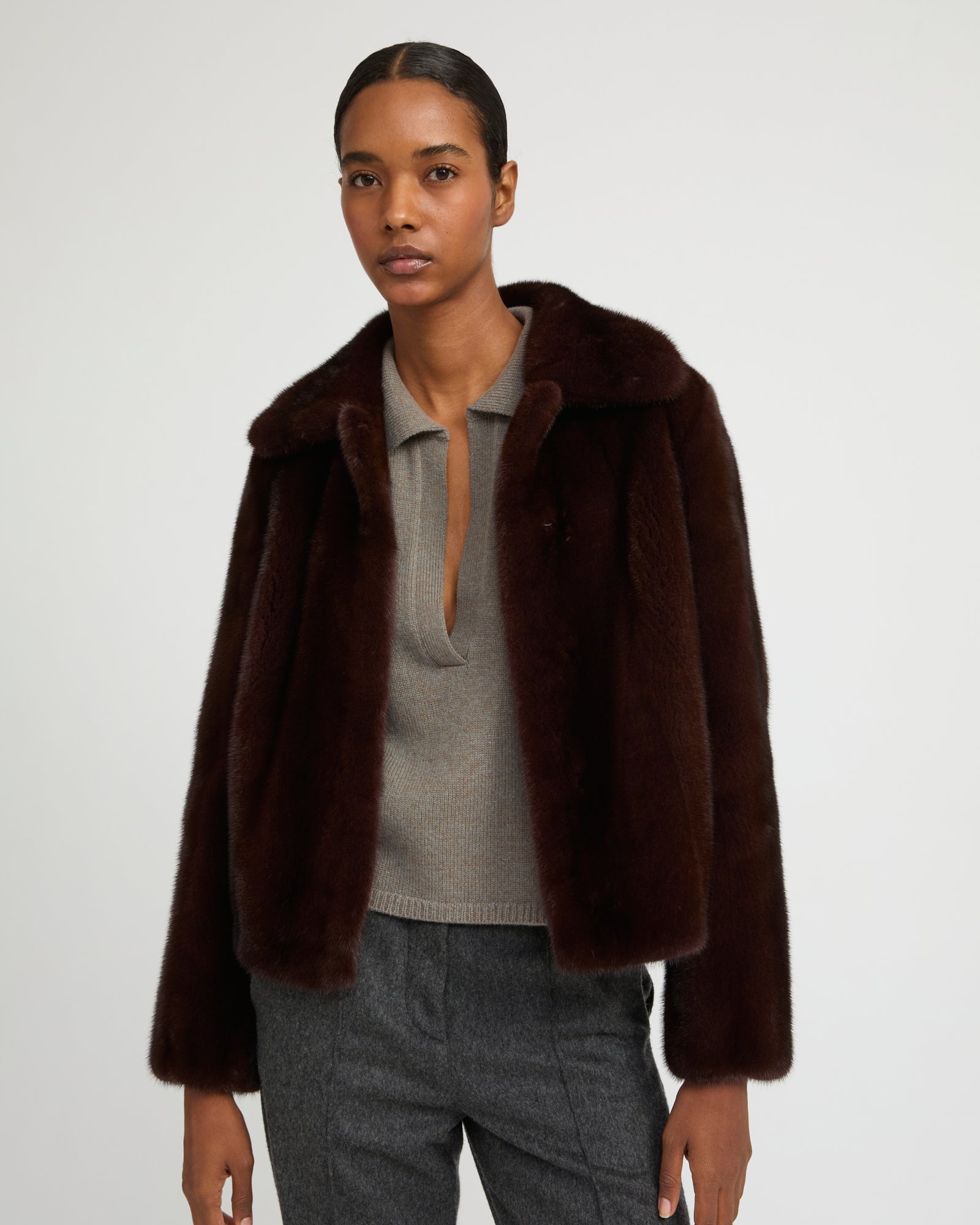 Short jacket in long-haired mink fur - burgundy - Yves Salomon