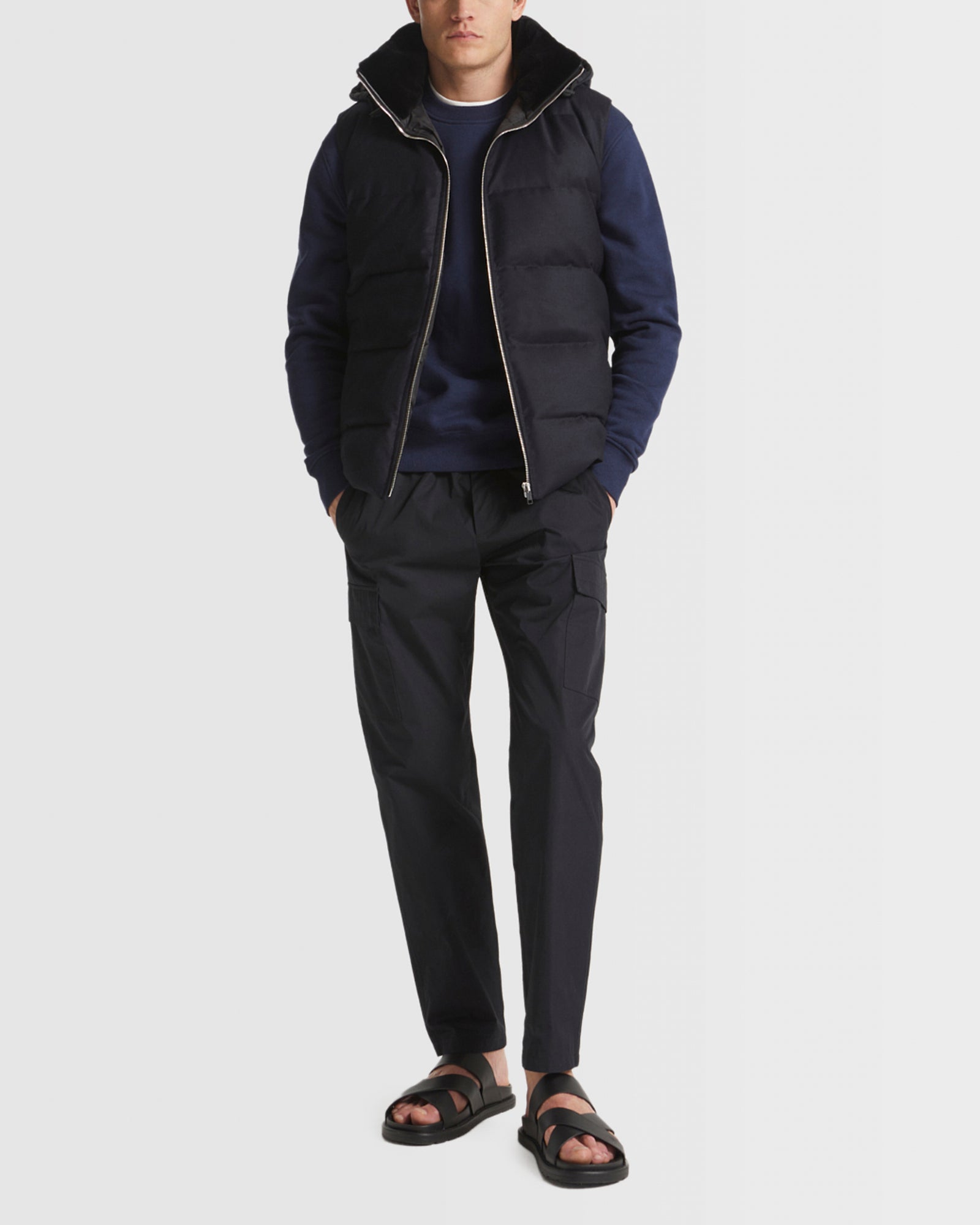 Loro Piana fabric down gilet with mink trim - navy - Yves Salomon