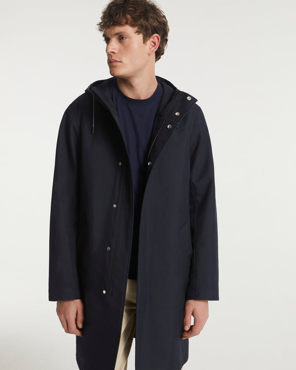 Hooded coat in double-sided fabric with leather details - blue - Yves Salomon