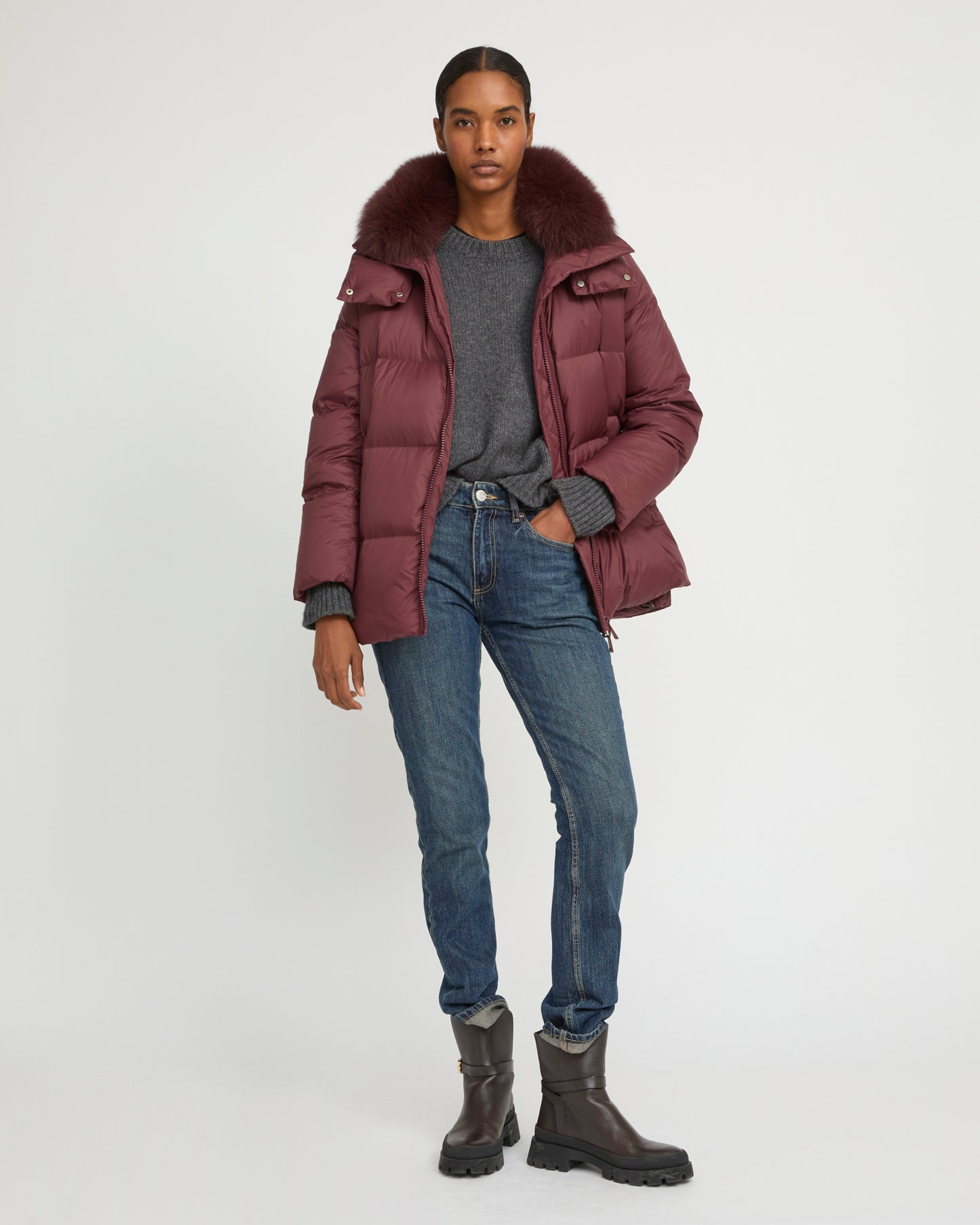 Iconic "A" line down jacket with fox fur collar - Yves Salomon
