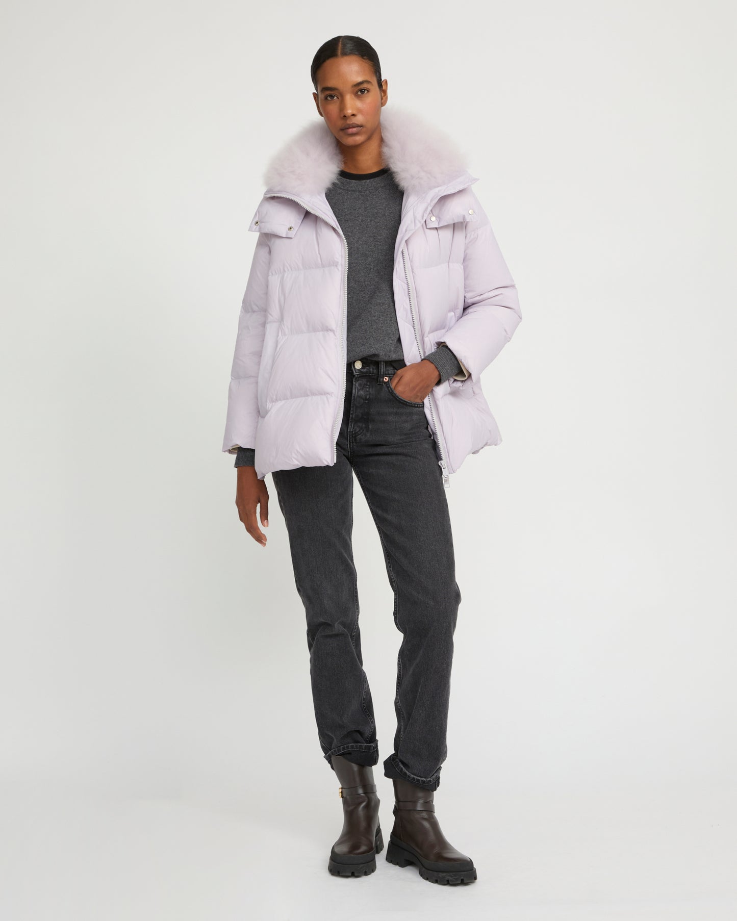 Iconic "A" line down jacket with lambswool collar - Yves Salomon
