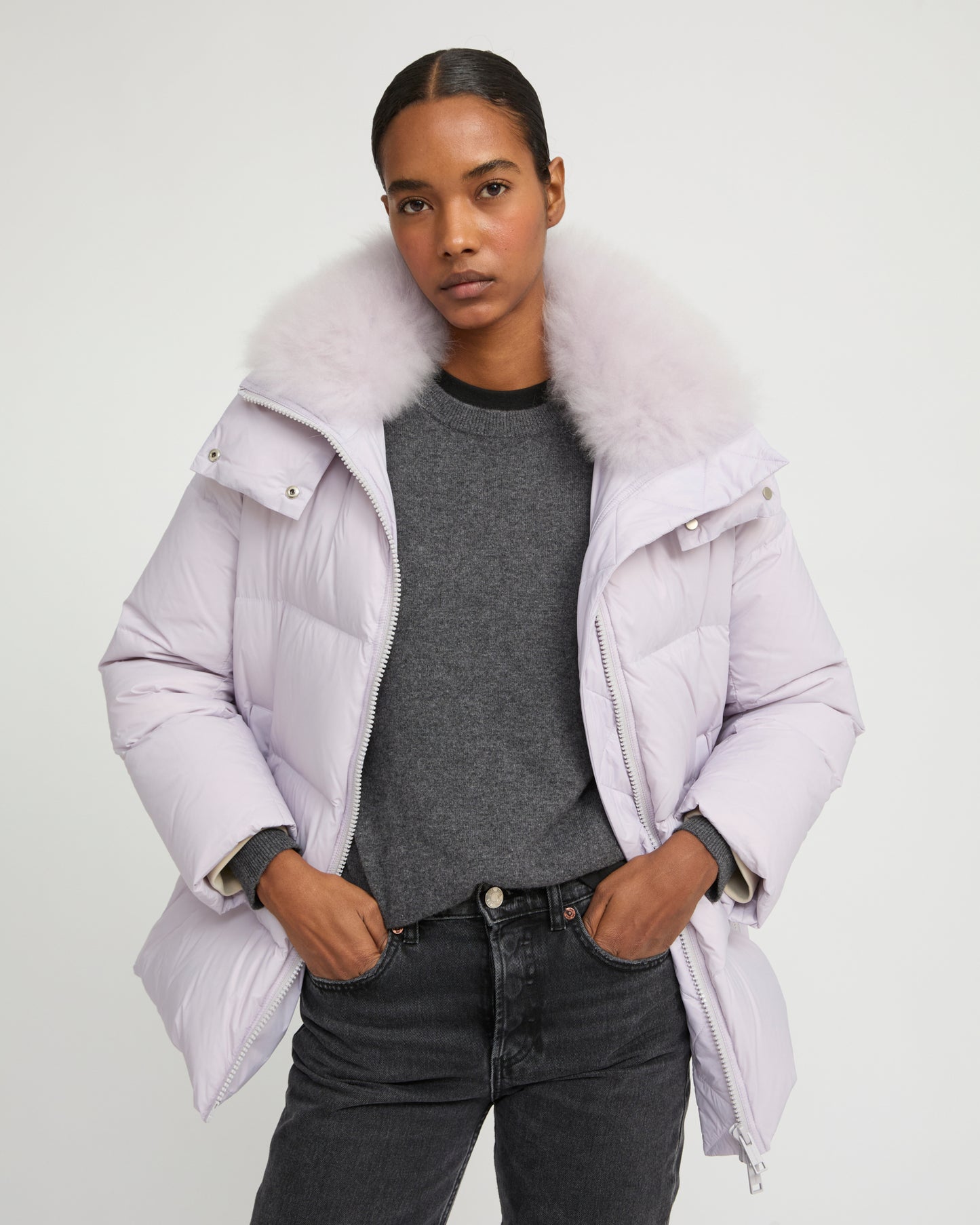 Iconic "A" line down jacket with lambswool collar - Yves Salomon
