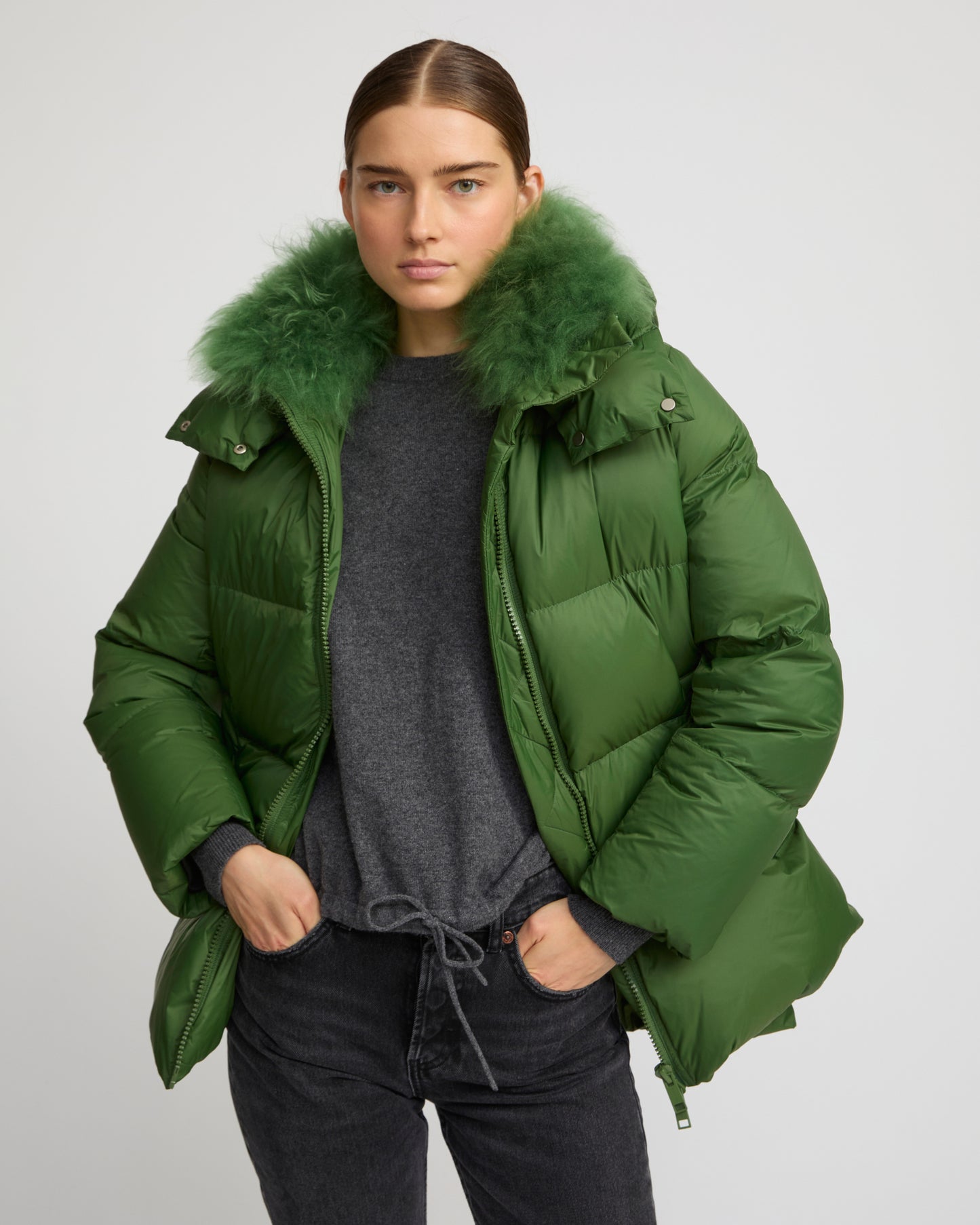 Iconic "A" line down jacket with lambswool collar - Yves Salomon