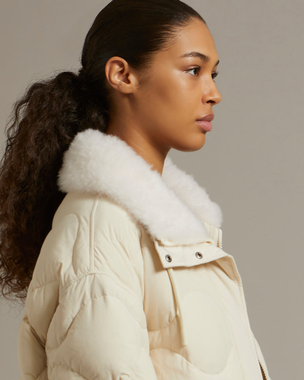 Down-filled coat in water-repellent technical fabric with short-haired  lambskin collar trim