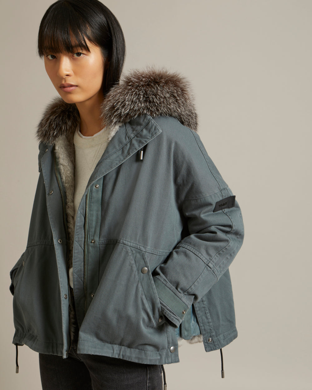 Cropped parka in cotton gabardine with fox and rabbit fur