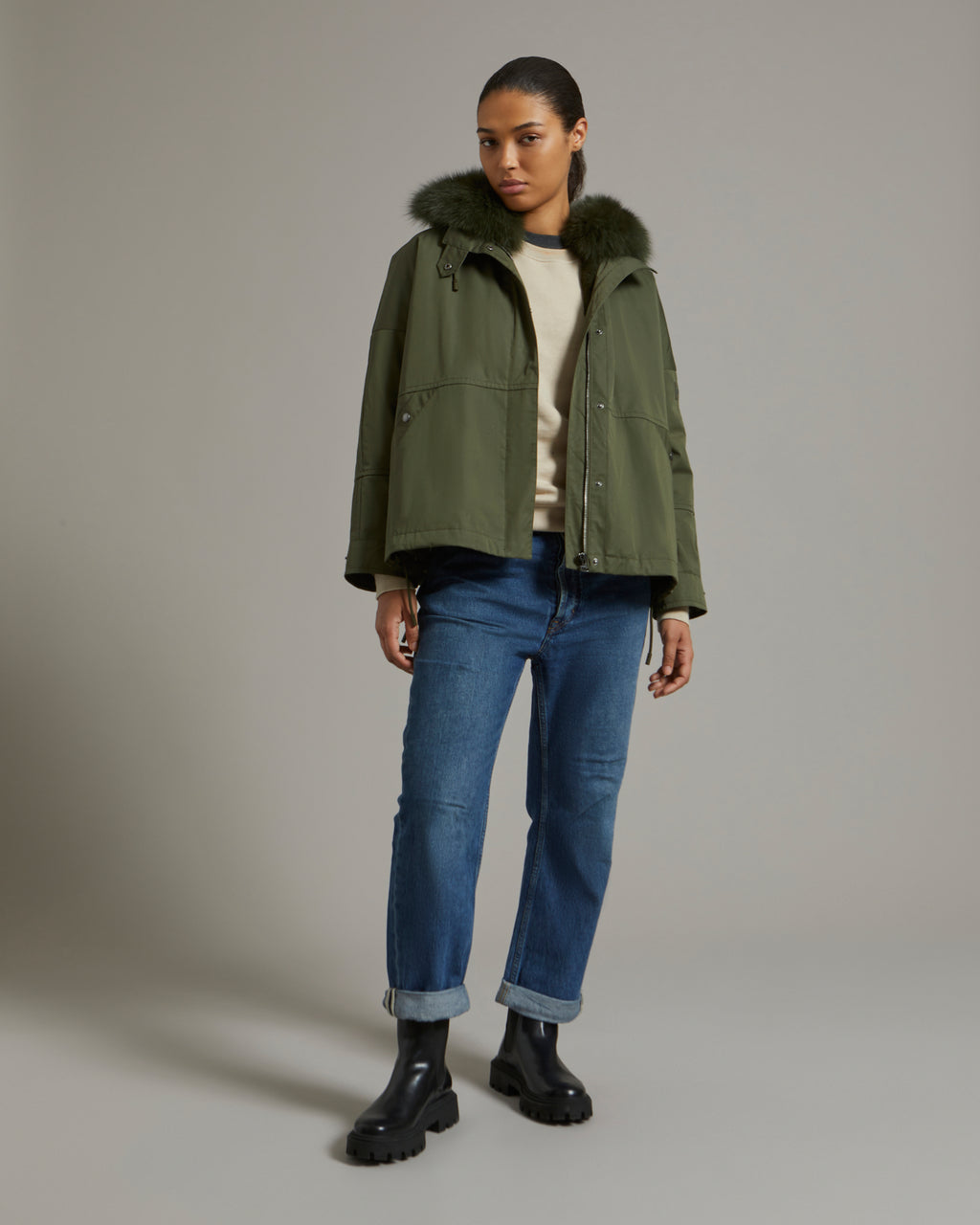 Cropped parka in - Yves with Salomon fur khaki – Yves fox fabric - technical Salomon US waterproof rabbit and