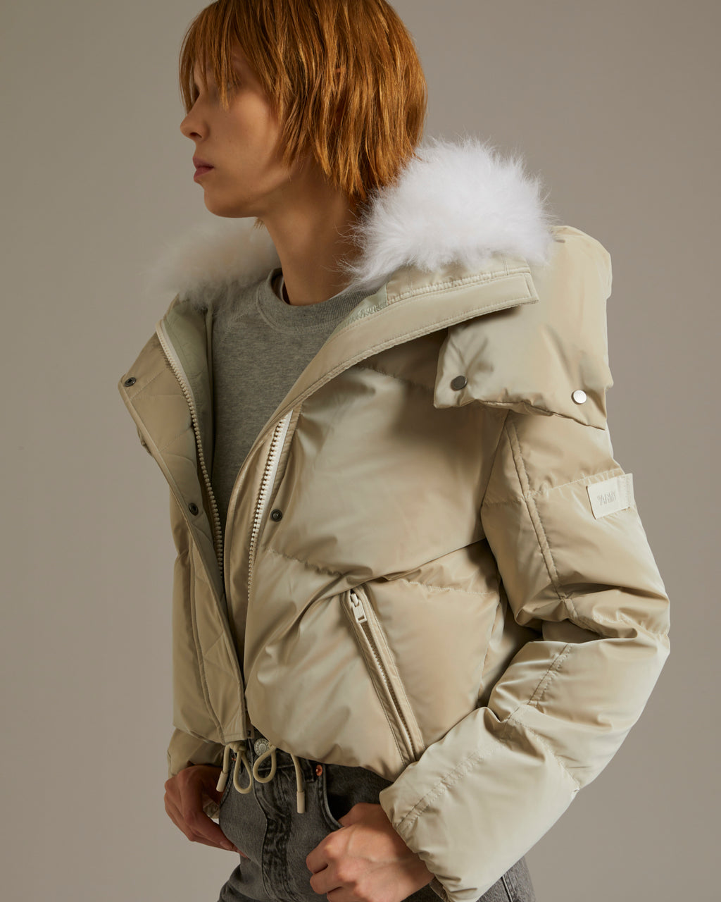 Cropped down jacket in a water-repellent glossy technical fabric with  fluffy lambswool collar trim